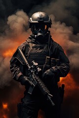 A special forces operator in full combat gear. Dynamic action poster. 