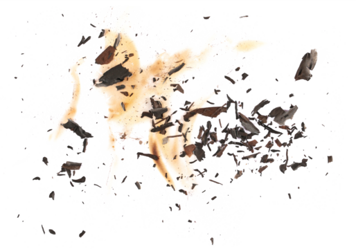 Ash with burned, paper scraps scattered, pieces explosion effect isolated on white background, texture, top view, clipping
