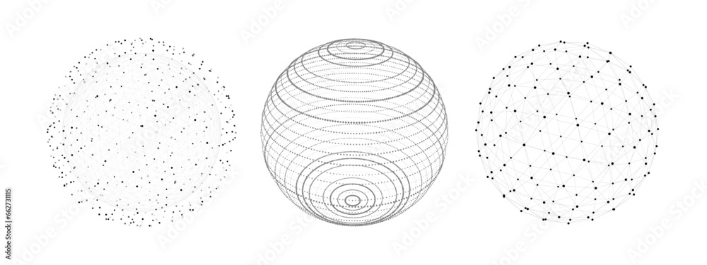 Poster set of geometric white spheres with connecting dots and lines. abstract color shapes with noise effe