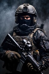 Naklejka premium A special forces operator in full combat gear. Dynamic action poster. 