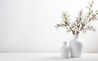 White vase with spring flowers on white wooden table. Copy space