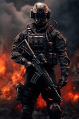Fototapeta premium A special forces operator in full combat gear. Dynamic action poster. 