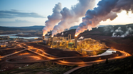 Fototapeta premium Geothermal Power: Steam rising from geothermal power plants built near natural hot springs.