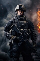 Naklejka premium A special forces operator in full combat gear. Dynamic action poster. 