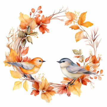 A watercolor illustration autumn style wreath with flow. Generative AI.