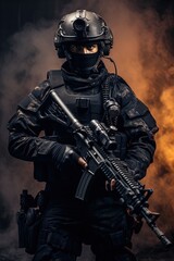 A special forces operator in full combat gear. Dynamic action poster. 
