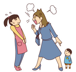 先生に怒鳴るモンスターペアレントの母親と困惑する保育士・トラブルに発展した保護者対応と不安そうに見つめる園児