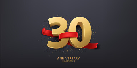 30th Year anniversary celebration background. 3D Golden number wrapped with red ribbon and confetti, isolated on dark background. - obrazy, fototapety, plakaty
