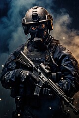 Naklejka premium A special forces operator in full combat gear. Dynamic action poster. 