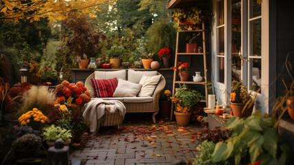 Fototapeta na wymiar Autumn backyard with a cozy corner