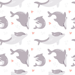 Cartoon dolphins seamless pattern. Cute marine animals. Different poses. Smart funny inhabitants of seas and oceans. Aquatic mammals swimming. Underwater fauna. Garish vector backdrop
