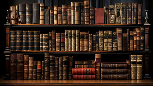 Old Leather-Bound Books on Wooden Shelf