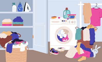 Cartoon home laundry room interior. Washing machine. Baskets with dirty and washed clothes. Detergent bottles on shelves. Messy garment heaps. Household chores. Garish vector concept