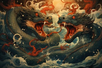 Gigantic sea serpents slithering through treacherous waters - Generative AI