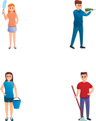 Household work icons set cartoon vector. People with cleaning and repair tool. Household activity
