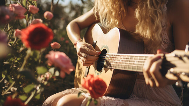 Soulful Serenade: Hippies Playing Guitar Al Fresco, Generative AI