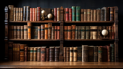 Old Leather-Bound Books on a Wooden Shelf - obrazy, fototapety, plakaty