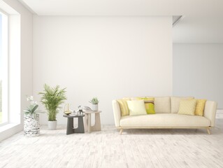 White modern interior design with sofa. Scandinavian interior design. 3D illustration
