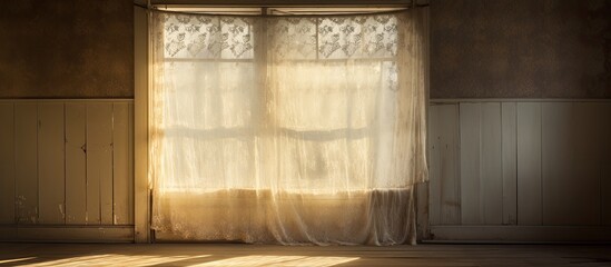 A dusty old bedroom contains a large window with lace curtains and a 1920 s radiator With copyspace for text