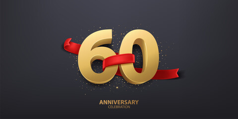 60th Year anniversary celebration background. 3D Golden number wrapped with red ribbon and confetti, isolated on dark background. - obrazy, fototapety, plakaty