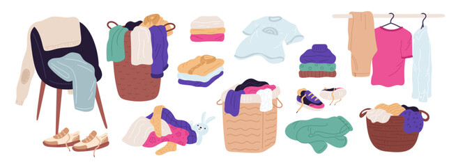Clothes in piles and stacks. Laundry baskets with t-shirts, panties and blouses. Cartoon casual wear. Domestic preparation for washing. Jeans and coats in wardrobe. Garish vector set