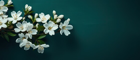 Whisper of jasmine flowers. Sparse jasmine blooms on a deep teal background. Minimalist floral texture.  - obrazy, fototapety, plakaty