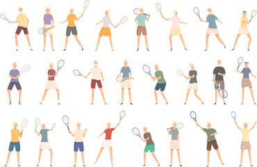 Fototapeta na wymiar Elderly people playing tennis icons set cartoon vector. Old sport game. Senior person