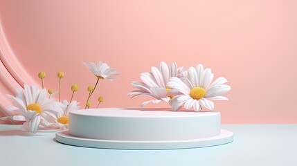 podium with flowers on light background. stage for cosmetic product