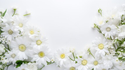 Flowers composition,frame made of white flowers on white background. Flat lay, top view, copy space