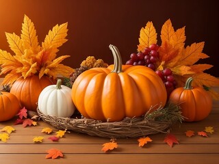 Pumpkins and autumn leaves, happy thanksgiving
