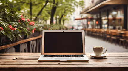Laptop with coffee cup on wooden table