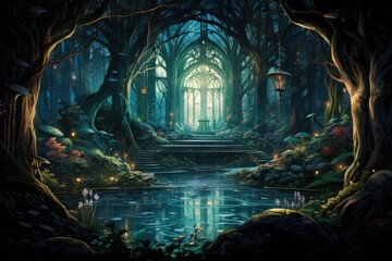 Obraz premium Enchanted song fountains, harmonizing with nature's melodies and creating enchanting displays - Generative AI