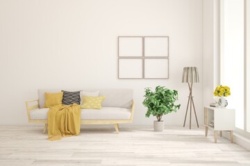 White modern interior design with sofa. Scandinavian interior design. 3D illustration