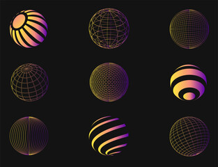 Set of 3D wireframe figures. Cyber neo-futuristic meshes, 3D objects and shapes. Frame wavy geometric perspective ball, sphere. 80s cyberpunk elements, vector set. Gradient shapes