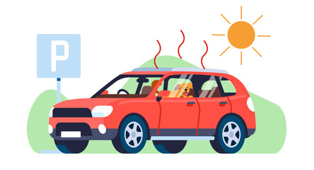 Dog in parked car is at risk of heat stroke. Hot temperature. Owner leaving puppy in automobile. Pets safety. Panting mammal in overheated vehicle. Abuse of domestic animal. Vector concept