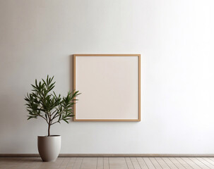 Small vertical wooden frame mockup in scandi style interior with trailing green plant in pot