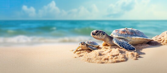 Baby turtle with mother by ocean shore With copyspace for text