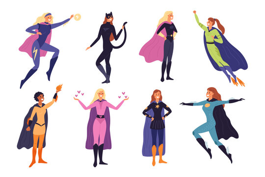 Female superhero. Comic characters. Wonder women in fantasy costumes. Strong and power girls. Fluttering cloak and mask. Hero mascots. Standing and flying heroines. Garish vector set
