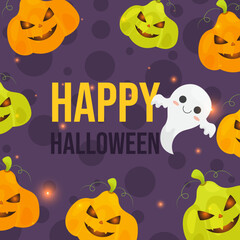 Halloween colorful pumpkins and ghosts vector illustration social media template