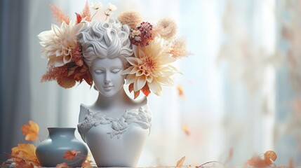 Beautiful dahlia or chrysanthemum flowers in a simple ceramic vase in the shape of a goddess's head