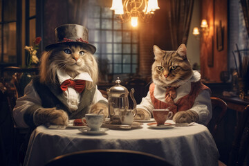 Couple of cats in elegant clothes sits at table and have a romantic dinner - 662734956