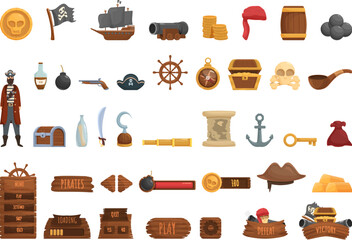 Pirate game icons set cartoon vector. Skull box treasure. Man ship game