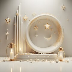 3d white modern Islamic holiday banner template. Composition of a gold lantern and crescent moon decor hanging above circle water pond. Concept : Eid Mubarak