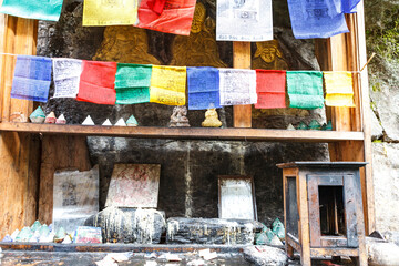 Altar with Buddhist symbols, Burning Lake, Jakar, Bumthang, Bhutan, Asia