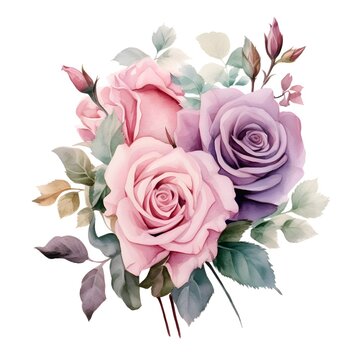 Watercolor painting of pink flowers, roses on a white background. For designing wedding cards, posters, congratulations cards.