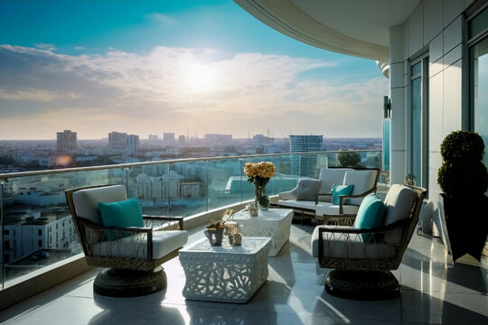 balcony overlooking the ultra-modern city of Ashgabat with high 25 floors ultra-modern white marble and glass buildings, light aquamarine and black, earthy elegance, luminous glaze