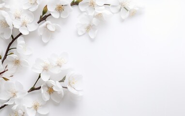 White jasmine flowers on white background. Flat lay, top view