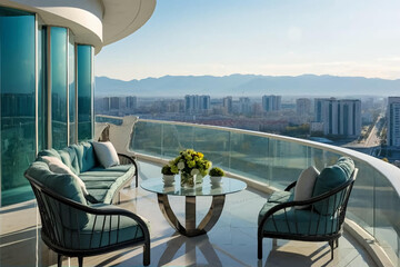 balcony overlooking the ultra-modern city of Ashgabat with high 25 floors ultra-modern white marble and glass buildings, light aquamarine and black, earthy elegance, luminous glaze - obrazy, fototapety, plakaty