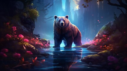 Bear animal forest neon light glowing illustration picture Ai generated art - obrazy, fototapety, plakaty