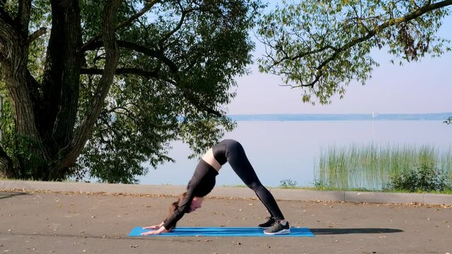 30s sporty woman practices yoga, pilates is doing downward-facing dog pose in black sportswear outdoor. Fitness training blogging. Trainer having an active morning in nature. Healthy life concept. 4k.
